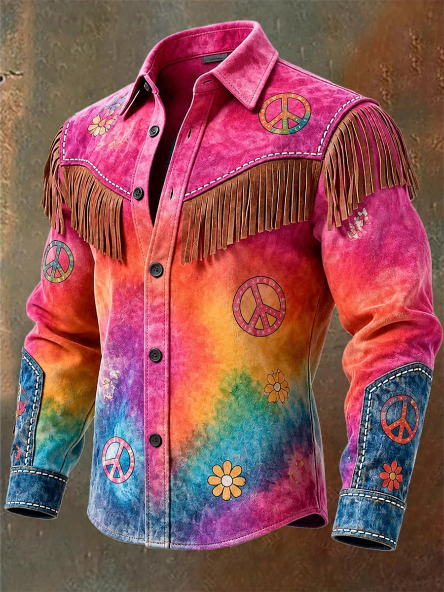 Men's Retro Hippie Art Print Western Vintage Tassel Casual Long Sleeve Shirt
